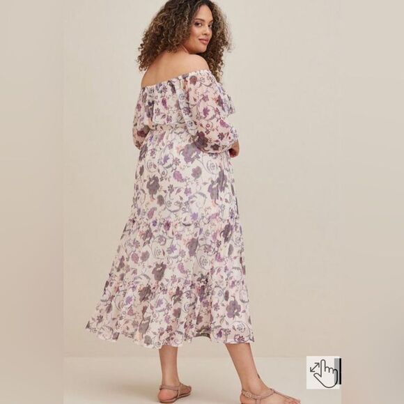 Torrid women’s 6x off shoulder puff sleeve tiered maxi dress floral mesh boho - Picture 3 of 12
